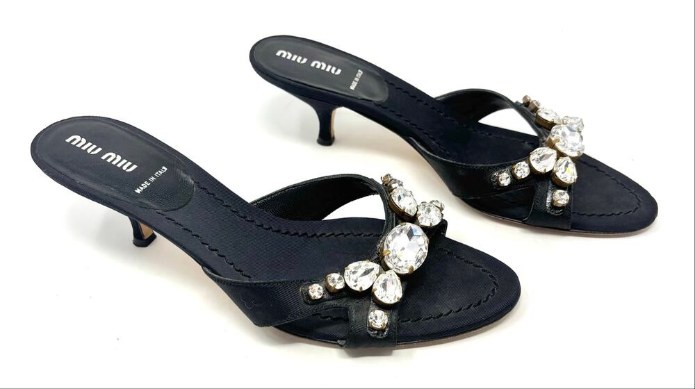 Miu Miu Crystal Black Satin Kitten Heels Mules Y2K Vintage 38.5